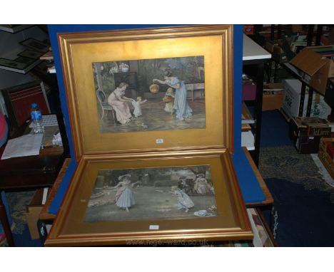 Two large framed, mounted and glazed Victorian Prints, one of children playing shuttlecock in a garden with adults seated nea