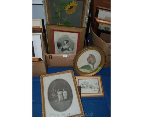 A quantity of Pictures including sunflowers, young girl collecting flowers from a cottage garden, black and white print 'Wait
