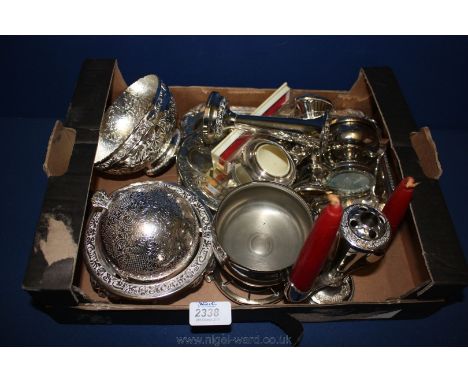 A quantity of plated items including Bonbon Dish with domed lid and glass liner, twin handled Dish, Plate, rectangular Dish, 