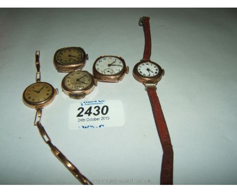 Five ladies vintage Gold and rolled gold wristwatches, some a/f
