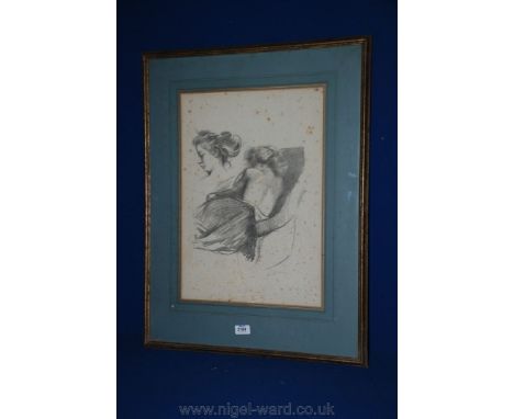 A Belle Roche Charcoal sketch of a lady in a reclining pose also a side profile of a lady - some foxing