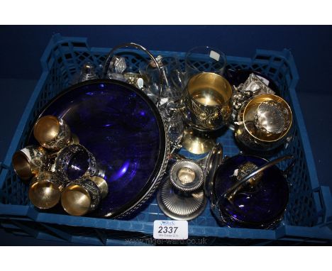 A quantity of plated items including six small brass Goblets, small brass Mouse, two Candlesticks, silver plated Condiment St