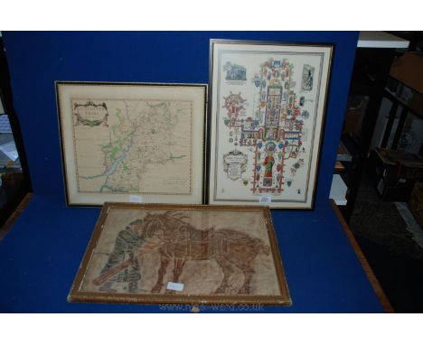 An Isobel Saul Print of York Minster, an engraved Map of Gloucester and a Print of an ancient Chinese warrior with horse