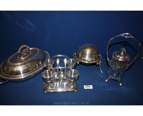 A quantity of Epns and silver plate including Butter Dish, Egg Cup stand with Spoons, oval Warming Dish, art deco design Pick