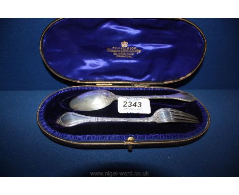 A Victorian Silver Christening Spoon and Fork, London 1882, with fitted case.  Initialed V.J.H.