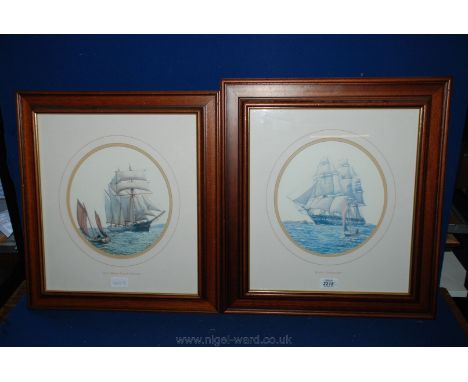 A pair of print depicting sailing ships - one of  a tree masted top sail schooner, the other  H.M.S. Trincomalee - both frame
