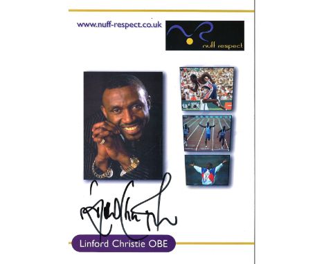 Athletics Linford Christie 8x6 signed colour promo card. Linford Cicero Christie OBE (born 2 April 1960) is a Jamaican-born B