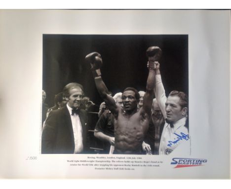 Boxing Maurice Hope 22x16 signed Sporting Masters b/w print 167/500 pictured after defending his light middleweight title in 