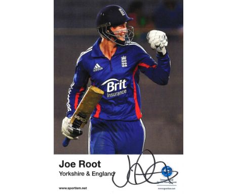 Cricket Joe Root 6x4 signed colour promo card. Joseph Edward Root (born 30 December 1990) is an English international cricket