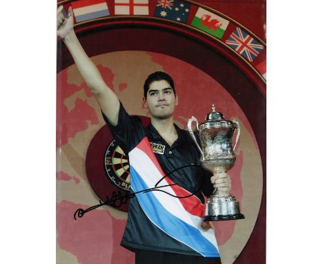 Darts Jelle Klaasen 12x10 mounted colour photo pictured with the BDO world championship trophy at Lakeside. Jelle Klaasen (bo