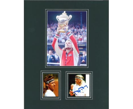 Tennis Bjorn Borg signed Tennis presentation. Small signed photo in mount. Overall 14x11 mounted in green with 2 action photo