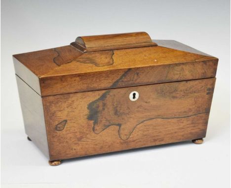 19th century rosewood sarcophagus tea caddy with circular mother-of-pearl escutcheon, 30cm x 19cm high 