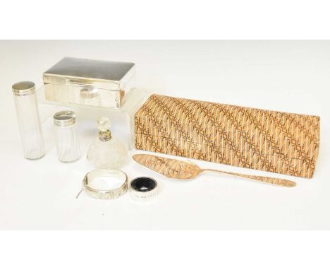 George V silver tabletop box, London 1923, three silver topped glass jars, bangle, and wine bottle drip collar, together with