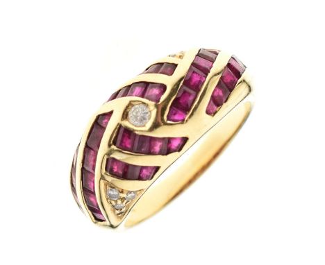 Ruby and diamond dress ring, having rows of channel set square cut rubies with diamond accents, stamped '18K', size R approx,