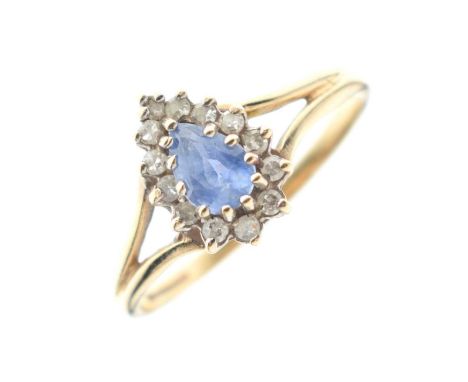 9ct gold cluster ring set pendeloque sapphire and diamonds, size P½ approx, 1.8g gross approx