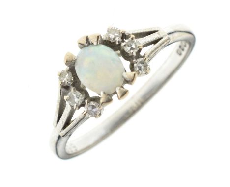 18ct white gold, opal and diamond dress ring, size T approx, Birmingham 1970, 4.2g gross approx