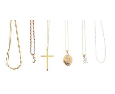 Small group of necklaces and pendants comprising a 9ct gold 'footprints' locket on fine chain, a 9ct gold cross pendant on fi