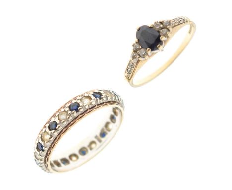 9ct gold sapphire and cubic zirconia cluster ring, size N½ approx , and a 9ct gold eternity ring set blue and white stones, s