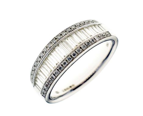 18ct white gold, baguette and brilliant cut diamond ring, size S approx, 8.4g gross approx, in a Why Jewellers box