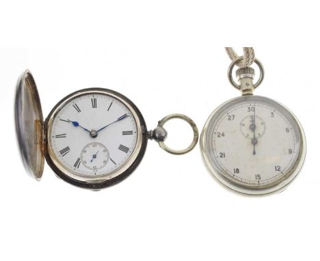 Late Victorian silver full hunter-cased pocket watch, having a white enamel Roman dial with blued steel spade hands and secon