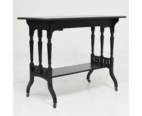 Late 19th century later ebonised two-tier side or centre table, rectangular top raised on shaped end pillars with pierced pan