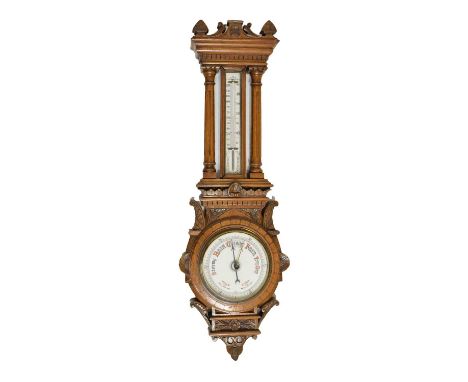 Edwardian oak wheel barometer and thermometer, 84cm high 