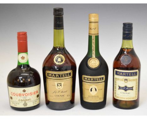 Martell Cognac, 1 litre bottle, Martell VSOP, Medaillon, 1 bottle, Martell Cognac, 1 bottle, and Courvoisier Luxe Cognac, 1 b