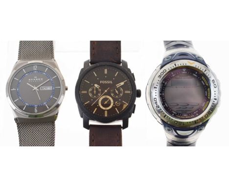 Three various gentleman's wristwatches - Skagen ref: SKW6078 on a mesh bracelet, Fossil chronograph ref: FS4656, and a Casio 