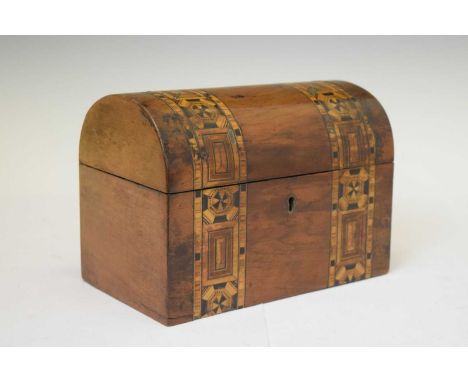 Victorian walnut dome top caddy with two inlaid parquetry bands, 20cm x 14cm high