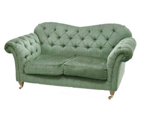 Button back two seater sofa in teal dralon standing on tapered castor feet, 180cm wide x 94cm x 91cm high