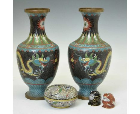 Pair of Chinese cloisonné vases, both having dragon decoration, 30cm high, together with with a lidded circular box and pair 
