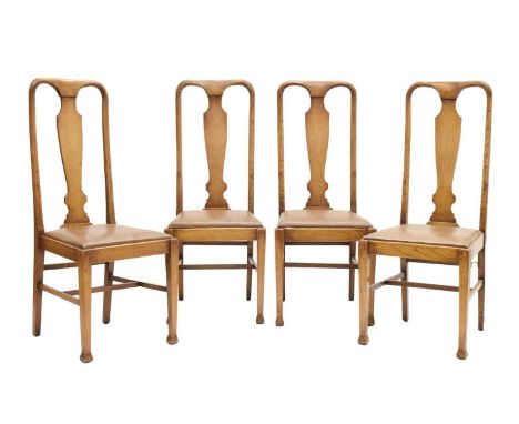 Set of four Queen Anne style light oak dining chairs, circa 1900, each with vase splat and drop-in seat on square tapered fro