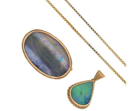Boulder opal brooch, 35mm long approx, together with an opal pendant, stamped '9ct', on a yellow metal box link chain stamped