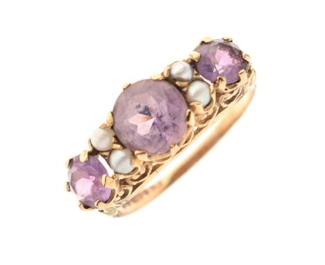 9ct gold, amethyst and seed pearl ring, size P approx, 2.9g gross approx