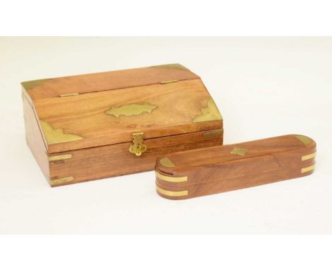 Hardwood and brass inlaid desk box, 23cm wide, with various fountain pen nibs, glass ink bottles, etc, together with a hardwo