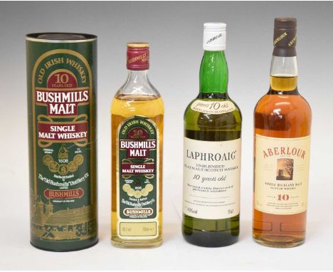 Laphroaig unblended Islay Scotch whisky, aged 10 years, Aberlour Highland Malt whisky, aged 10 years, and Bushmills Old Irish