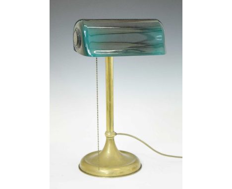 20th century Verdelite brass bankers lamp with green glass shade, 42cm high