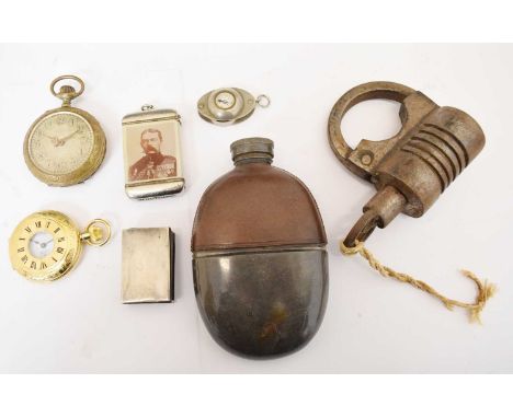 Quantity of miscellaneous items comprising; base metal pocket watches, together with a glass hip flask with brown leather top