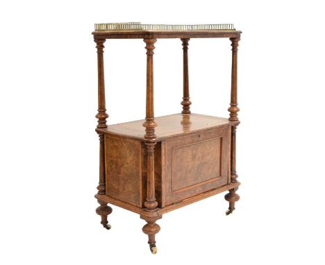 Victorian walnut music Canterbury/whatnot, with pierced brass three-quarter gallery, raised on four turned supports with cera