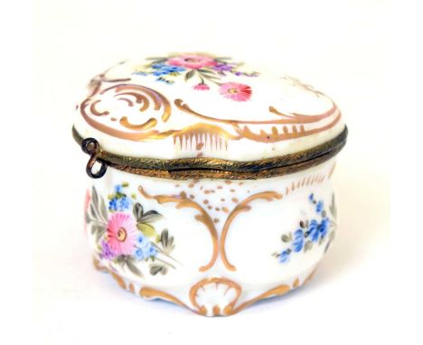 19th century Continental porcelain and gilt metal mounted trinket box, of lobed form with shallow domed cover, painted and gi