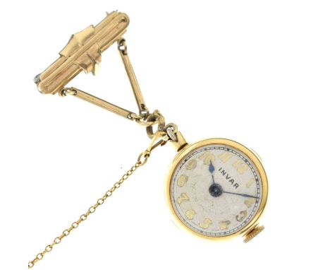 Invar - Yellow metal brooch watch, having a white dial with gilt Arabic hour markers and blued steel hands, exhibition back, 