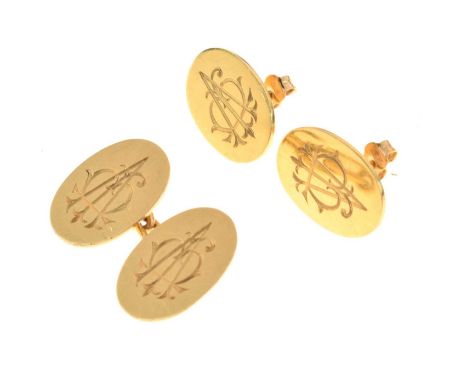 Pair of 18ct gold cufflinks, one link converted into a pair of ear studs, London 1937, 8.4g gross