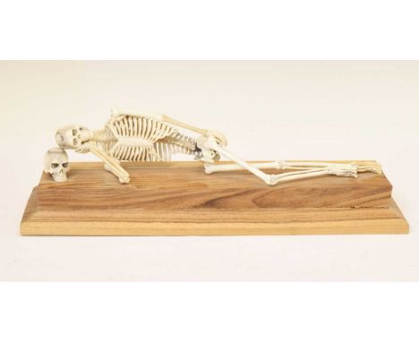 Bone skeleton resting on a skull, possibly antler, mounted on a wooden plinth, 37.5cm wide (overall)