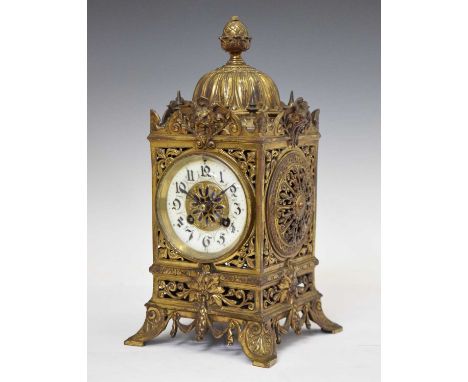 Late 19th century French gilt metal mantel clock, having a cream Arabic dial, Samuel Morti signed two-train movement with str
