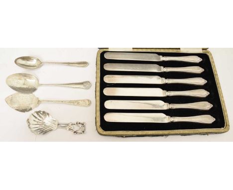 Elizabeth II silver tea caddy spoon, sponsor's mark SMA, a quantity of silver spoons, 91g, and half dozen silver handled tea 