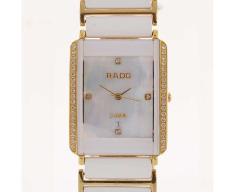 Rado - Lady's Jubile wristwatch, having a rectangular mother-of-pearl dial with white stone quarter hour markers, date apertu
