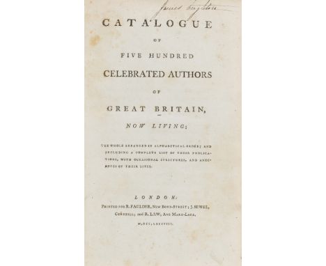 NO RESERVE [Marshall]  Catalogue of Five Hundred Celebrated Authors of Great Britain, now living, first edition, previous own