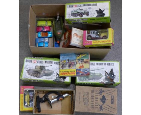 Four Airfix 1:32 scale military models, Matchbox, a View-Master, a Merit student's microscope, etc.