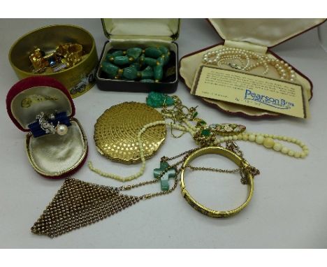 A Rosita pearl necklace with original box and Pearson Bros. receipt dated 1961, other jewellery including Mexican malachite, 
