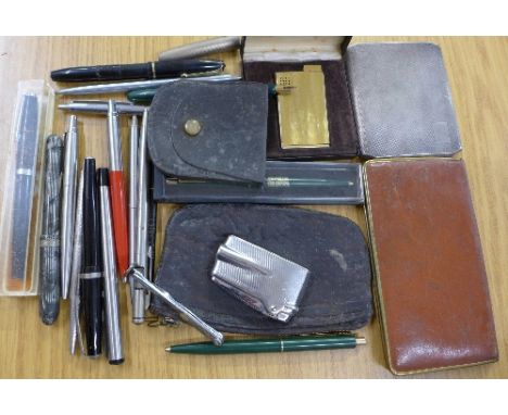 A collection of pens including one with 14ct gold nib, cigarette cases, etc.